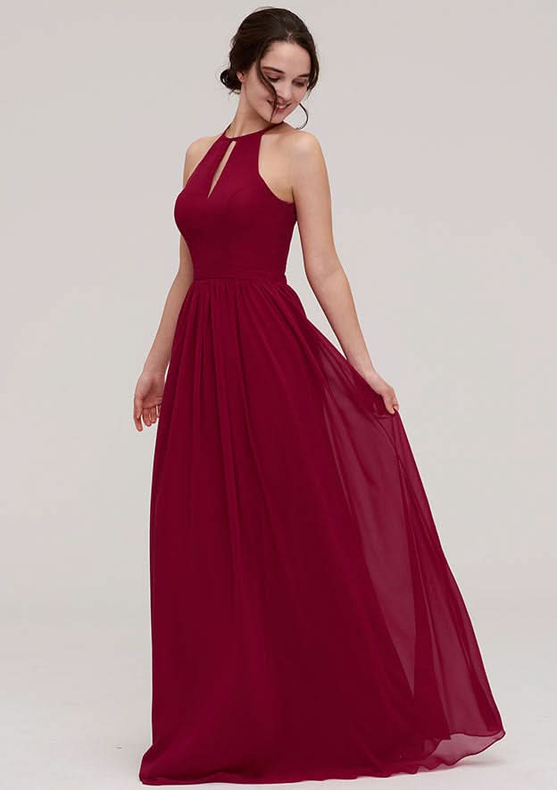 Sexy Floor-Length Chiffon Bridesmaid Dress, A-Line/Princess Style, Scoop Neck, Sleeveless, With Pleats BM bride