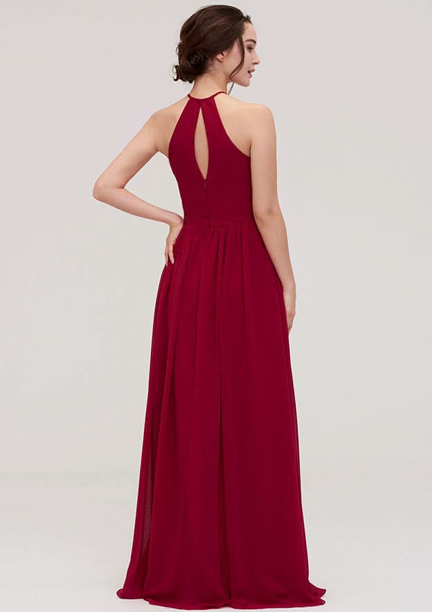 Sexy Floor-Length Chiffon Bridesmaid Dress, A-Line/Princess Style, Scoop Neck, Sleeveless, With Pleats BM bride