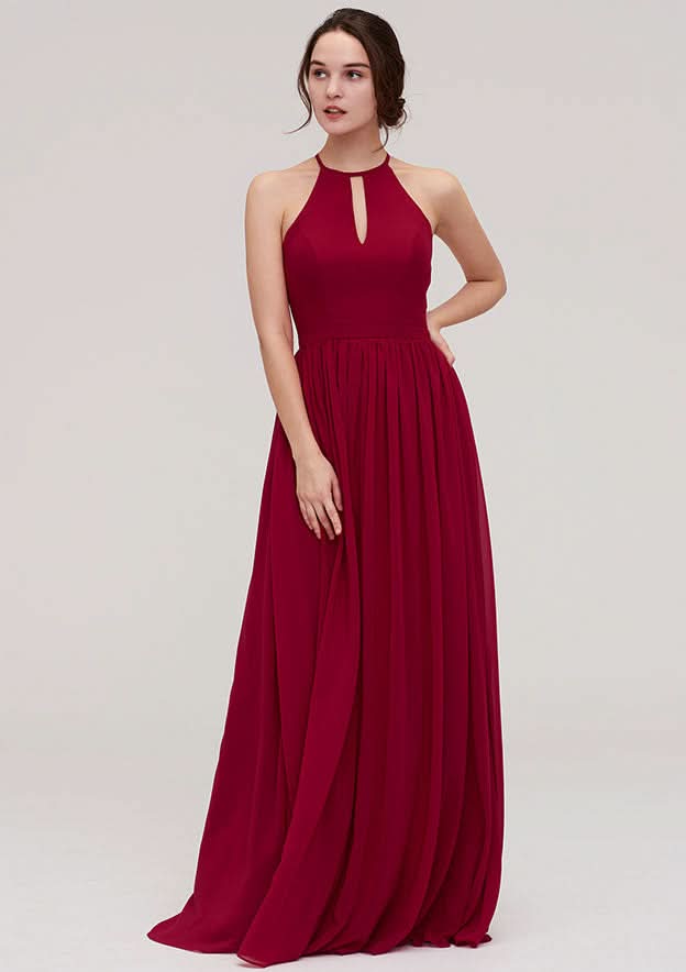 Sexy Floor-Length Chiffon Bridesmaid Dress, A-Line/Princess Style, Scoop Neck, Sleeveless, With Pleats BM bride
