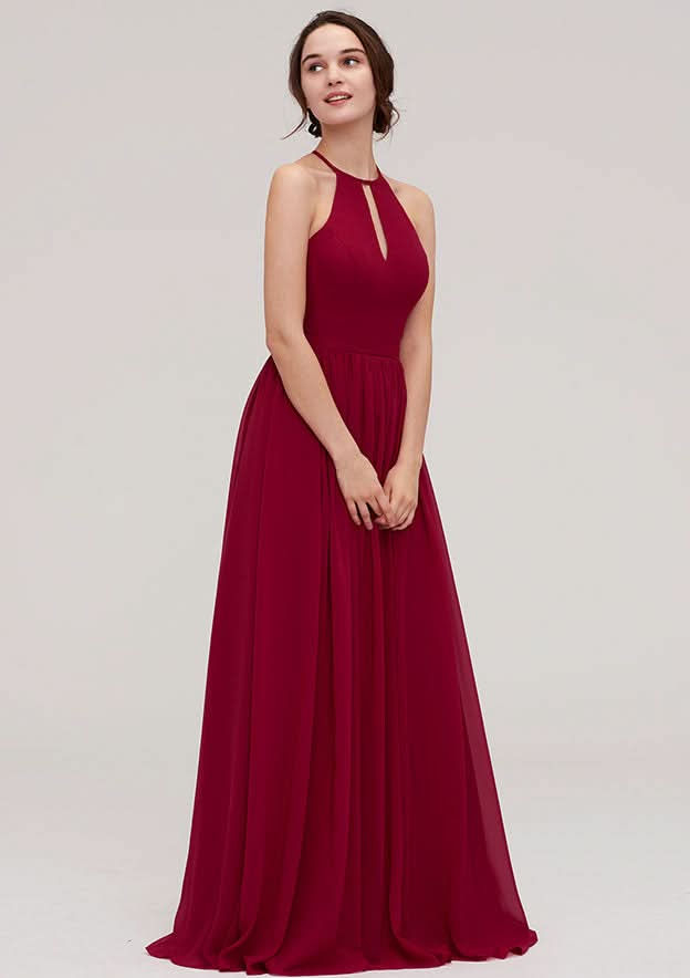 Sexy Floor-Length Chiffon Bridesmaid Dress, A-Line/Princess Style, Scoop Neck, Sleeveless, With Pleats BM bride
