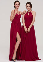 Sexy Floor-Length Chiffon Bridesmaid Dress, A-Line/Princess Style, Scoop Neck, Sleeveless, With Pleats BM bride