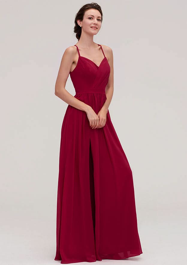 Floor-Length Chiffon Bridesmaid Dress, A-Line/Princess Style, Sweetheart Neck, Sleeveless, With Pleats And Beading BM bride
