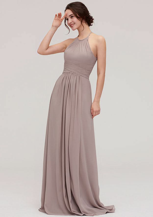 Floor-Length Chiffon Bridesmaid Dress, A-Line/Princess Style, Scoop Neck, Sleeveless, With Pleats Style BM bride