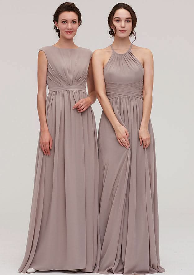 Floor-Length Chiffon Bridesmaid Dress, A-Line/Princess Style, Scoop Neck, Sleeveless, With Pleats Style BM bride