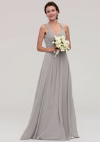 Floor-Length Chiffon Bridesmaid Dress, A-Line/Princess Cut, Bateau Neck, Sleeveless, With Pleats BM bride