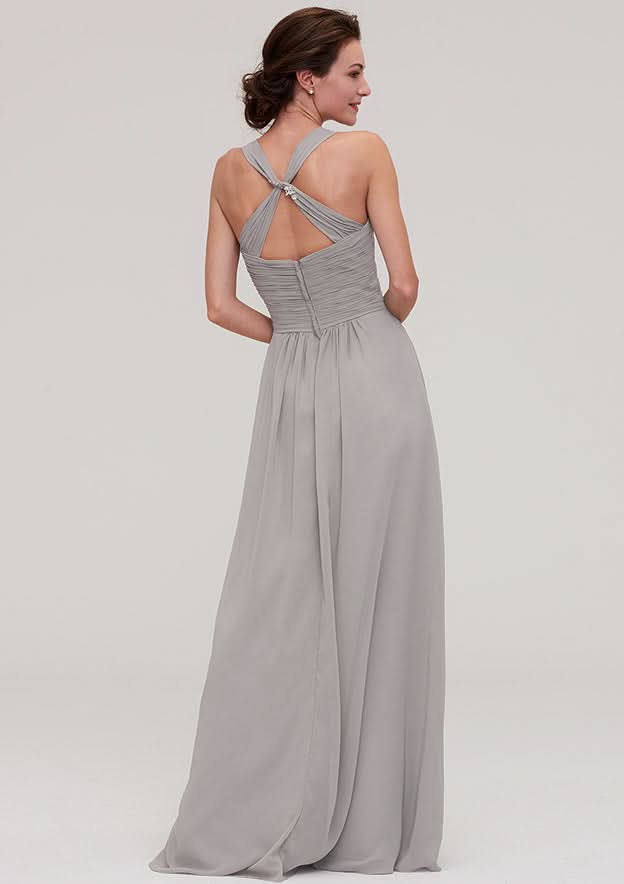Floor-Length Chiffon Bridesmaid Dress, A-Line/Princess Cut, Bateau Neck, Sleeveless, With Pleats BM bride