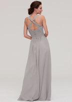 Floor-Length Chiffon Bridesmaid Dress, A-Line/Princess Cut, Bateau Neck, Sleeveless, With Pleats BM bride