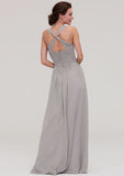 Floor-Length Chiffon Bridesmaid Dress, A-Line/Princess Cut, Bateau Neck, Sleeveless, With Pleats BM bride