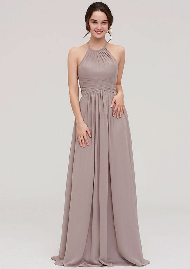 Floor-Length Chiffon Bridesmaid Dress, A-Line/Princess Style, Scoop Neck, Sleeveless, With Pleats Style BM bride