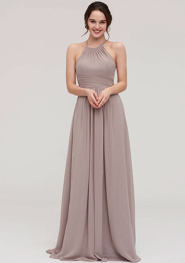 Floor-Length Chiffon Bridesmaid Dress, A-Line/Princess Style, Scoop Neck, Sleeveless, With Pleats Style BM bride