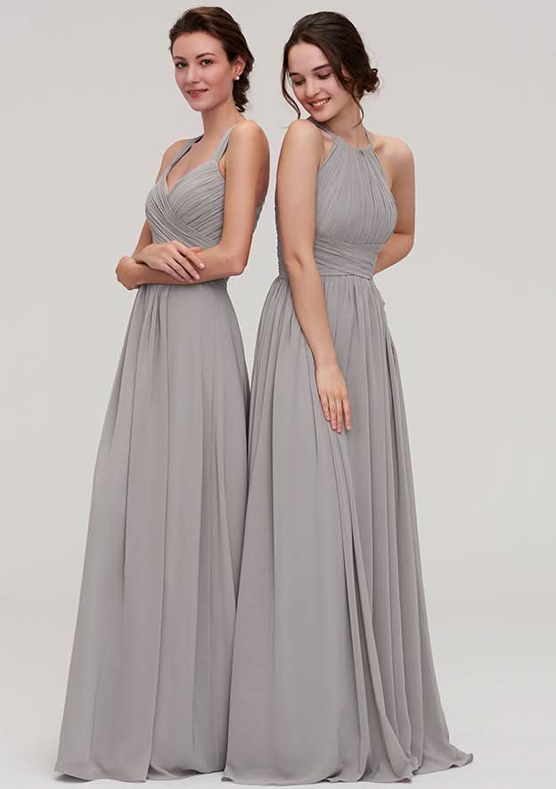 Floor-Length Chiffon Bridesmaid Dress, A-Line/Princess Cut, Bateau Neck, Sleeveless, With Pleats BM bride