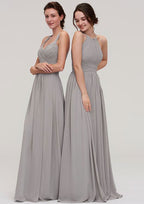 Floor-Length Chiffon Bridesmaid Dress, A-Line/Princess Cut, Bateau Neck, Sleeveless, With Pleats BM bride