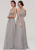 Floor-Length Chiffon Bridesmaid Dress, A-Line/Princess Cut, Bateau Neck, Sleeveless, With Pleats BM bride