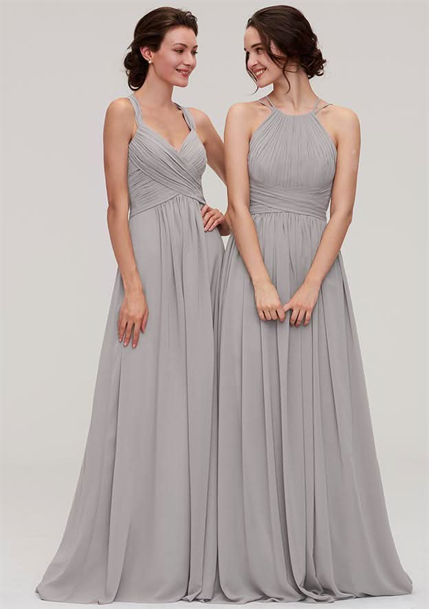 Floor-Length Chiffon Bridesmaid Dress, A-Line/Princess Cut, Bateau Neck, Sleeveless, With Pleats BM bride