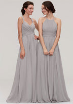 Floor-Length Chiffon Bridesmaid Dress, A-Line/Princess Cut, Bateau Neck, Sleeveless, With Pleats BM bride