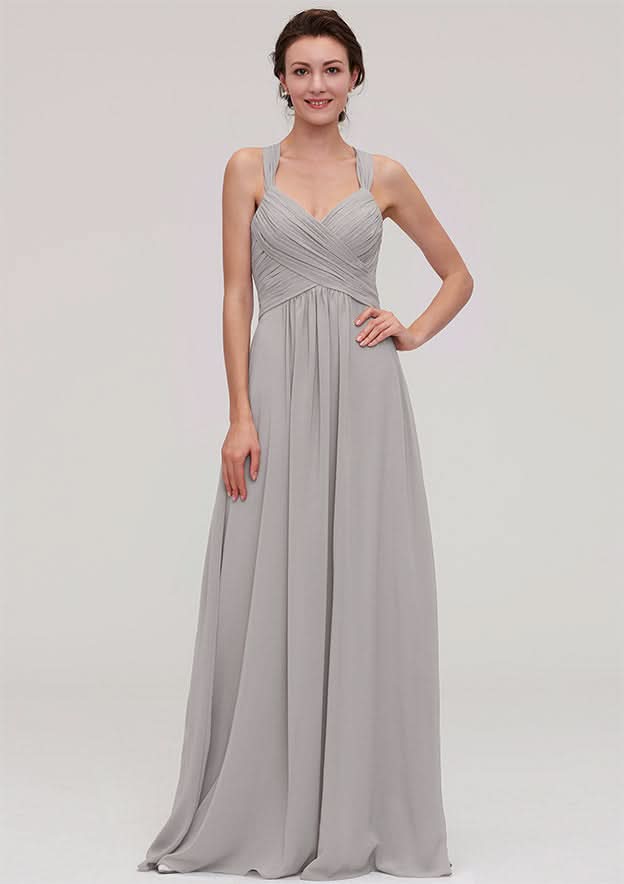 Floor-Length Chiffon Bridesmaid Dress, A-Line/Princess Cut, Bateau Neck, Sleeveless, With Pleats BM bride