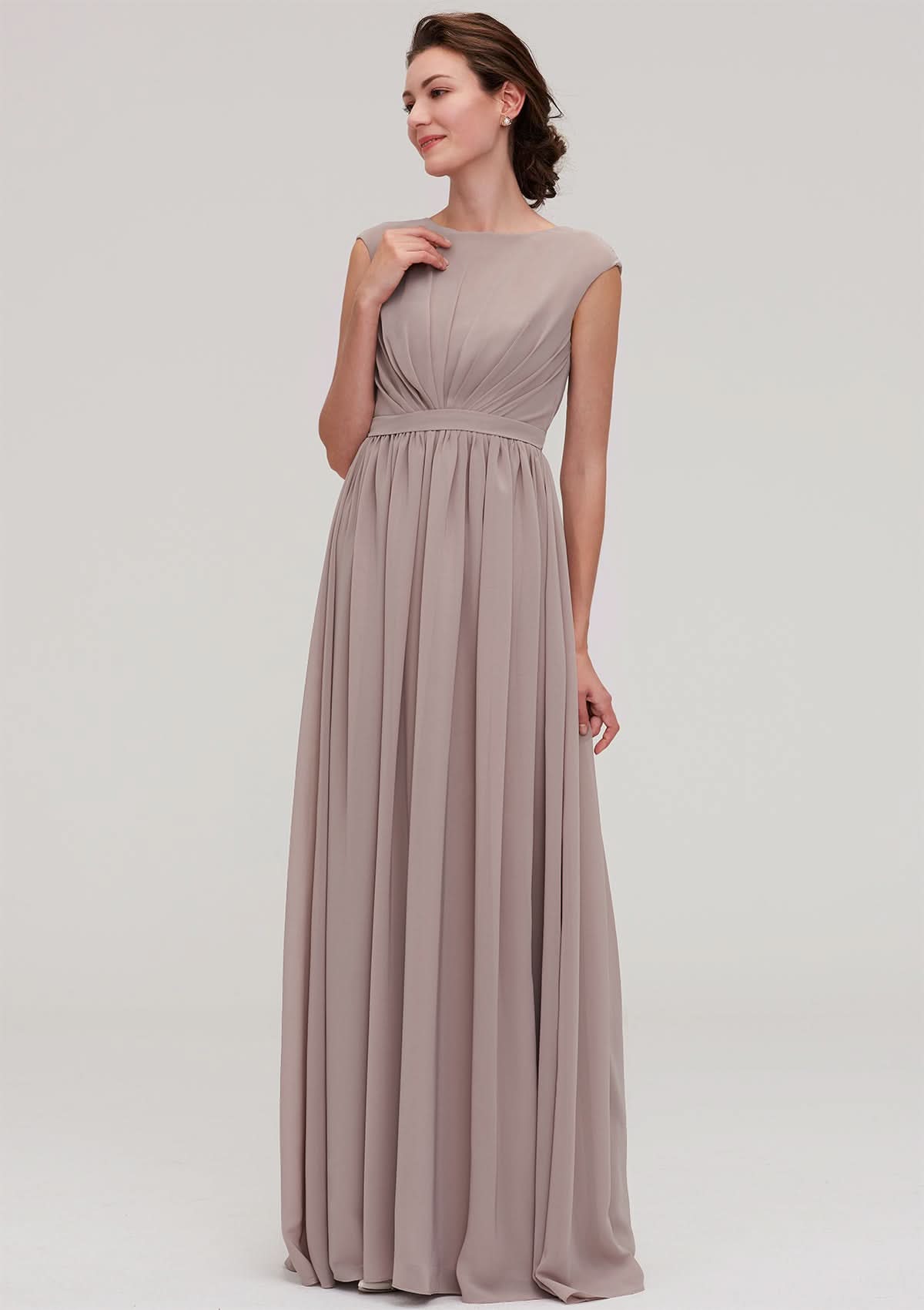Floor-Length Chiffon Bridesmaid Dress, A-Line/Princess Shape, Bateau Neck, Sleeveless, With Pleats BM bride