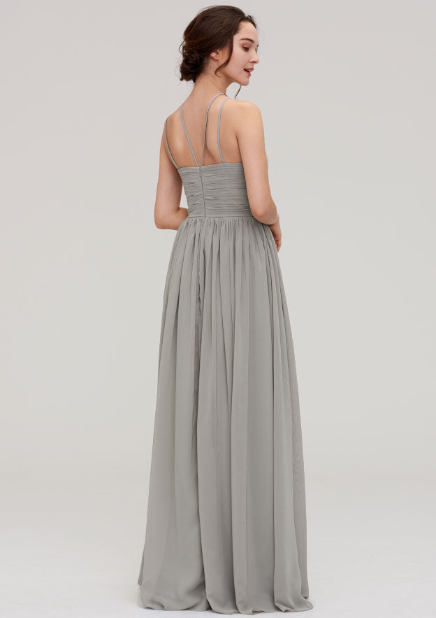 Floor-Length Chiffon Bridesmaid Dress, A-Line/Princess Style, Halter Neck, Sleeveless, With Pleats BM bride