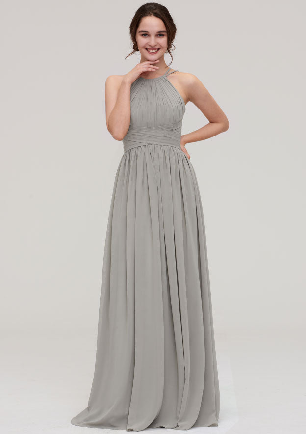 Floor-Length Chiffon Bridesmaid Dress, A-Line/Princess Style, Halter Neck, Sleeveless, With Pleats BM bride