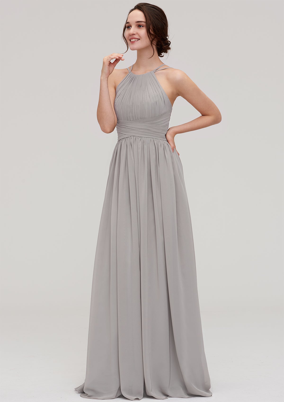 Floor-Length Chiffon Bridesmaid Dress, A-Line/Princess Style, Halter Neck, Sleeveless, With Pleats BM bride