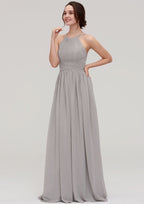 Floor-Length Chiffon Bridesmaid Dress, A-Line/Princess Style, Halter Neck, Sleeveless, With Pleats BM bride