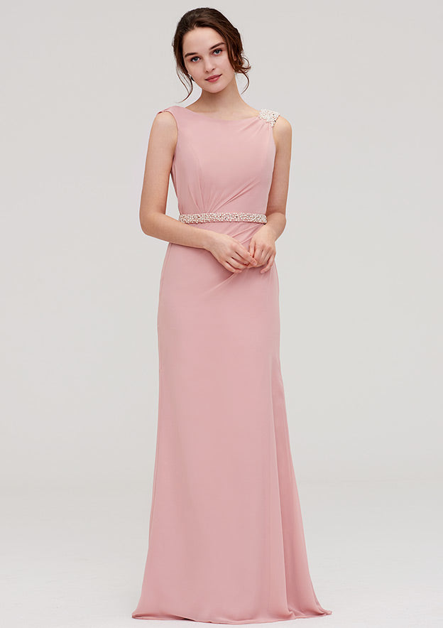 Sheath/Column Bateau Sleeveless Floor-Length Chiffon Bridesmaid Dress, With Waistband And Beading BM bride