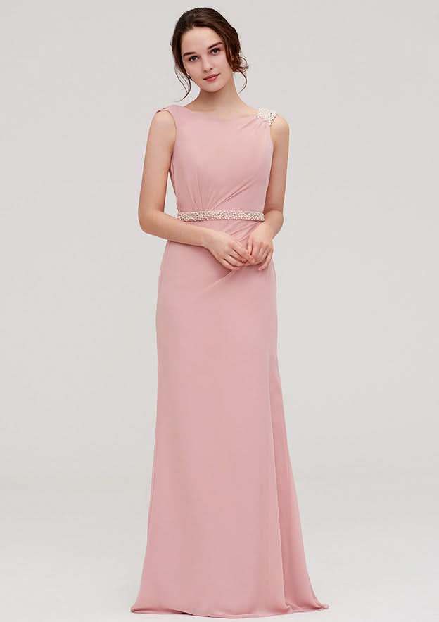 Sheath/Column Bateau Sleeveless Floor-Length Chiffon Bridesmaid Dress, With Waistband And Beading BM bride
