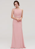 Sheath/Column Bateau Sleeveless Floor-Length Chiffon Bridesmaid Dress, With Waistband And Beading BM bride