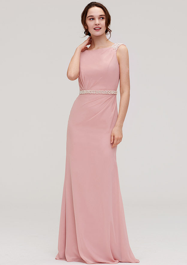 Sheath/Column Bateau Sleeveless Floor-Length Chiffon Bridesmaid Dress, With Waistband And Beading BM bride
