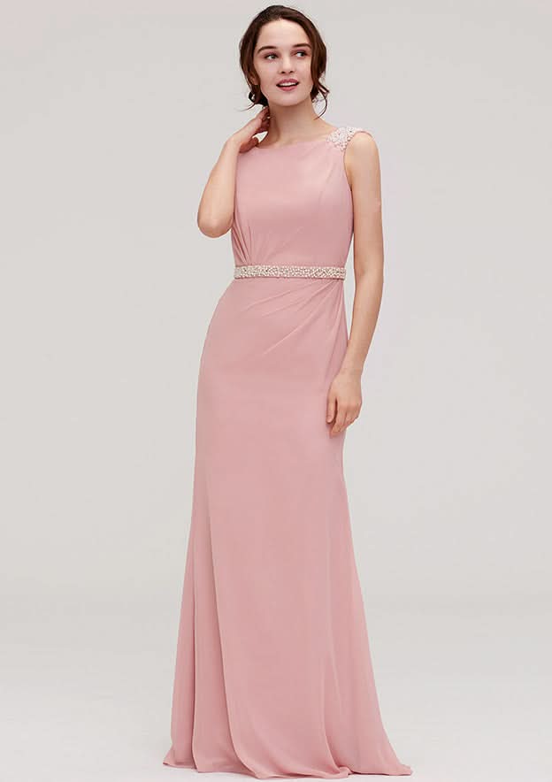 Sheath/Column Bateau Sleeveless Floor-Length Chiffon Bridesmaid Dress, With Waistband And Beading BM bride