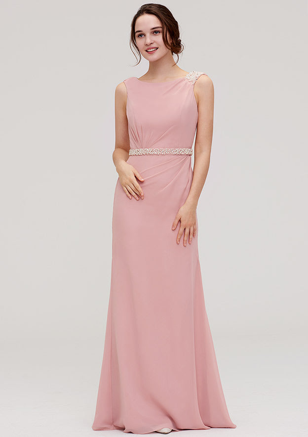 Sheath/Column Bateau Sleeveless Floor-Length Chiffon Bridesmaid Dress, With Waistband And Beading BM bride