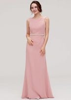 Sheath/Column Bateau Sleeveless Floor-Length Chiffon Bridesmaid Dress, With Waistband And Beading BM bride