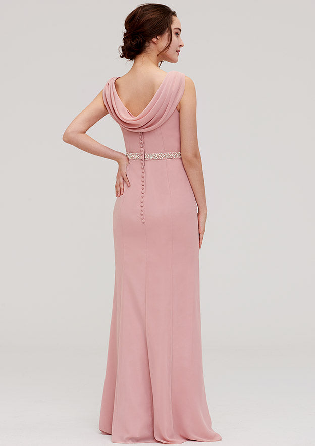Sheath/Column Bateau Sleeveless Floor-Length Chiffon Bridesmaid Dress, With Waistband And Beading BM bride