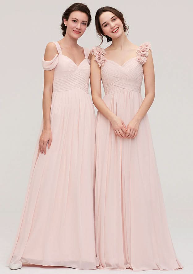 Sweetheart A-Line Floor-Length Chiffon Bridesmaid Dress, Sleeveless With Pleated Shoulder Flower BM bride