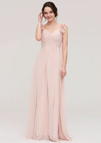 Sweetheart A-Line Floor-Length Chiffon Bridesmaid Dress, Sleeveless With Pleated Shoulder Flower BM bride