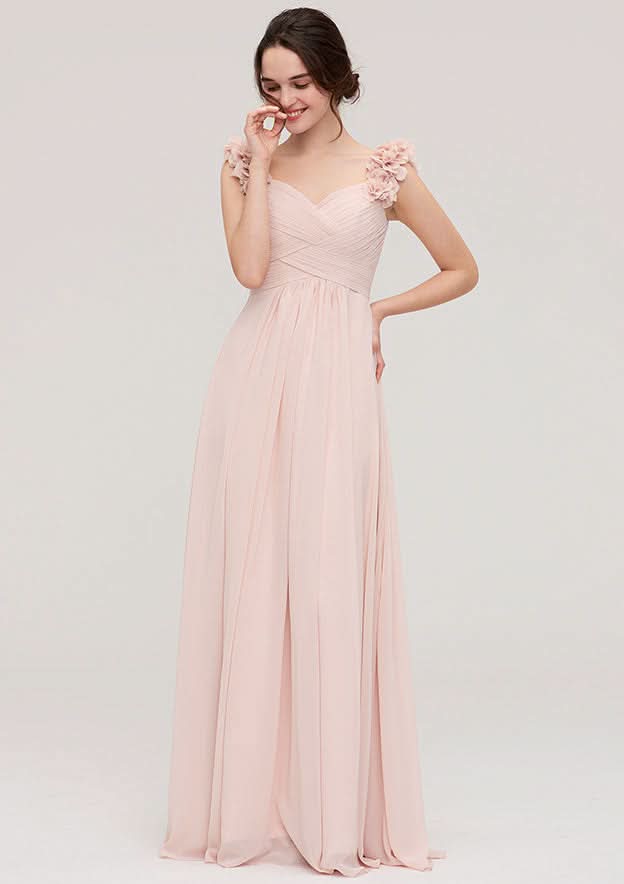 Sweetheart A-Line Floor-Length Chiffon Bridesmaid Dress, Sleeveless With Pleated Shoulder Flower BM bride