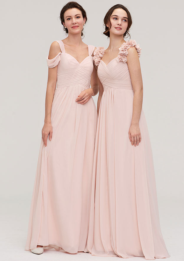 Sweetheart A-Line Floor-Length Chiffon Bridesmaid Dress, Sleeveless With Pleated Shoulder Flower BM bride