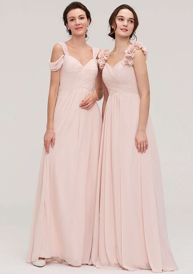 Sweetheart A-Line Floor-Length Chiffon Bridesmaid Dress, Sleeveless With Pleated Shoulder Flower BM bride