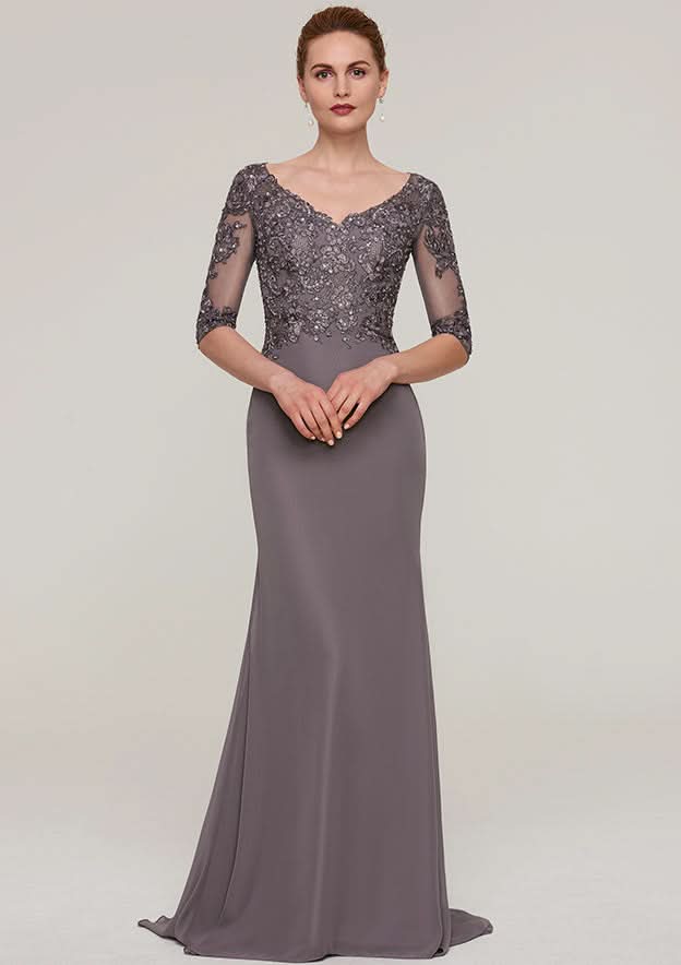 Sweep Train Chiffon Mother of the Bride Dresses with Appliqued Beading, Half Sleeve V Neck Sheath/Column BM bride
