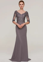 Sweep Train Chiffon Mother of the Bride Dresses with Appliqued Beading, Half Sleeve V Neck Sheath/Column BM bride