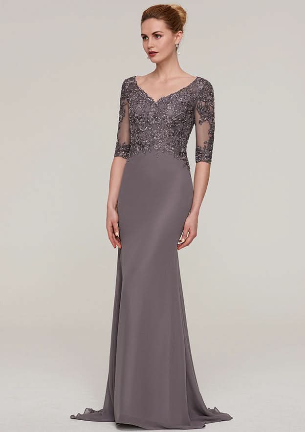 Sweep Train Chiffon Mother of the Bride Dresses with Appliqued Beading, Half Sleeve V Neck Sheath/Column BM bride