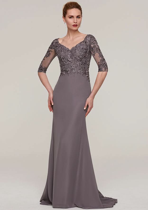 Sweep Train Chiffon Mother of the Bride Dresses with Appliqued Beading, Half Sleeve V Neck Sheath/Column BM bride