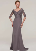 Sweep Train Chiffon Mother of the Bride Dresses with Appliqued Beading, Half Sleeve V Neck Sheath/Column BM bride