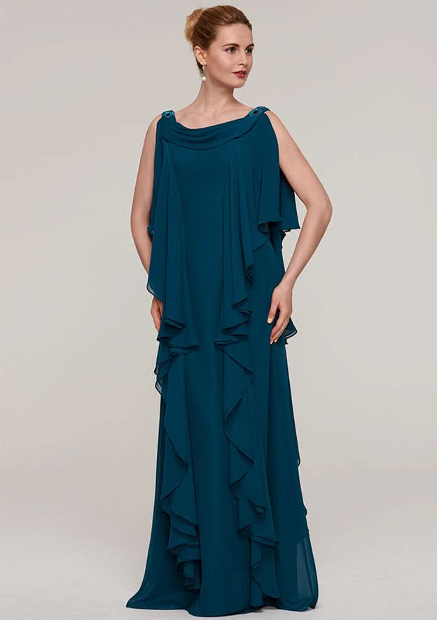 Long/Floor-Length Chiffon Mother of the Bride Dresses with Beading Ruffles, Sleeveless Sweetheart Sheath/Column BM bride