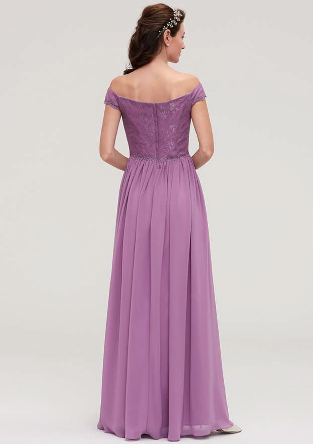 Floor-Length Chiffon Bridesmaid Dress, A-Line/Princess Cut, Off-The-Shoulder, Sleeveless, With Applique BM bride