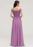 Floor-Length Chiffon Bridesmaid Dress, A-Line/Princess Cut, Off-The-Shoulder, Sleeveless, With Applique BM bride