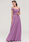 Floor-Length Chiffon Bridesmaid Dress, A-Line/Princess Cut, Off-The-Shoulder, Sleeveless, With Applique BM bride