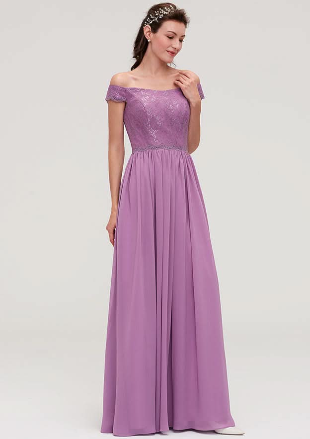 Floor-Length Chiffon Bridesmaid Dress, A-Line/Princess Cut, Off-The-Shoulder, Sleeveless, With Applique BM bride