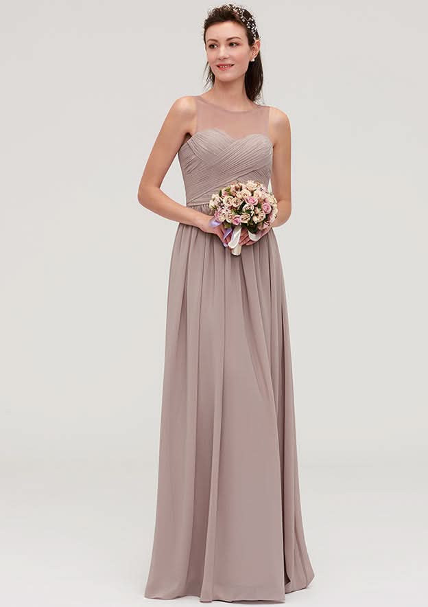 Floor-Length Chiffon Bridesmaid Dress, A-Line/Princess Shape, Bateau Neck, Sleeveless, With Sashes, Lace, And Pleats BM bride