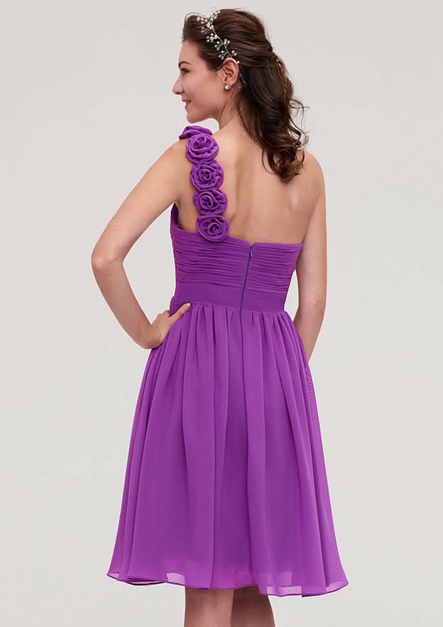 Knee-Length Chiffon Bridesmaid Dress, A-Line/Princess Style, One-Shoulder, Sleeveless, With Pleats And Flowers BM bride